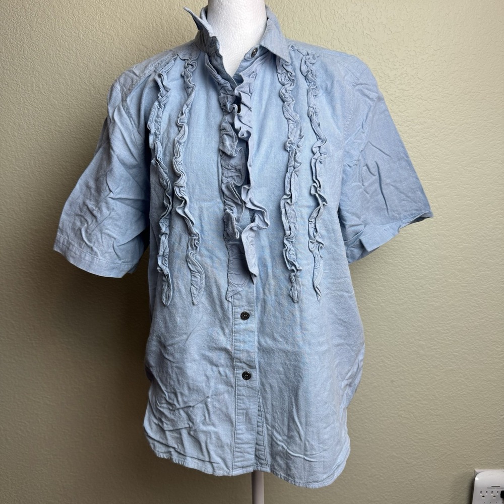 Diversity Sport Petite Womens Short Sleeve Denim Top Ruffles Size M Button Front